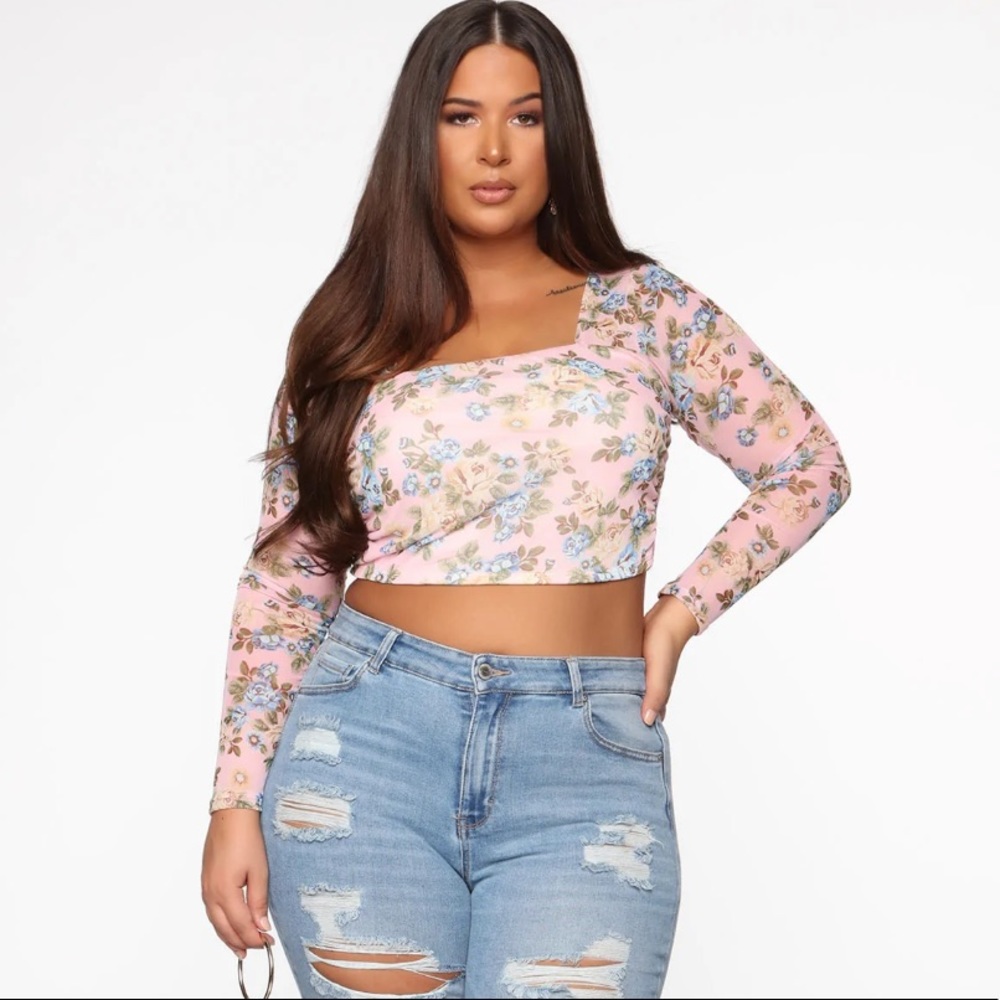 FLOWERS long sleeve mesh crop top square neck XL fashion nova